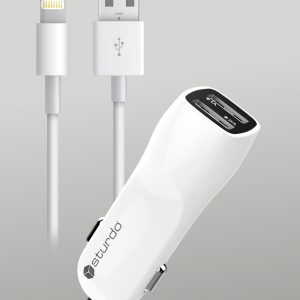 STURDO autonabíjačka 2x USB iPhone s certifikovaným MFI Lightning káblom biela
