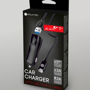 STURDO autonabíjačka 2x USB s káblom Type C 2A čierna