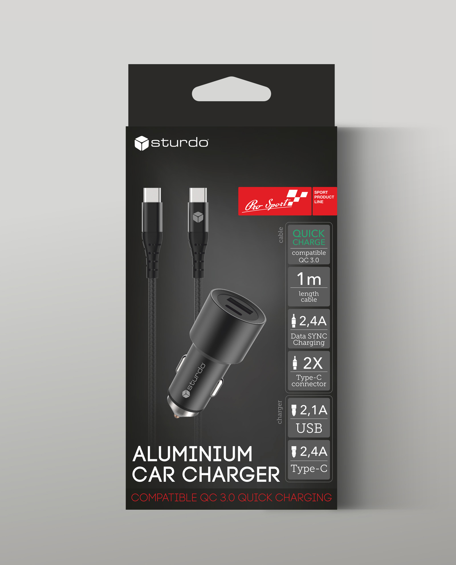 STURDO autonabíjačka ProSport 1x USB/1x Type C s káblom 2x Type C 2,4A s funkciou Quick Charge 3.0 čierna – Obrázok 2