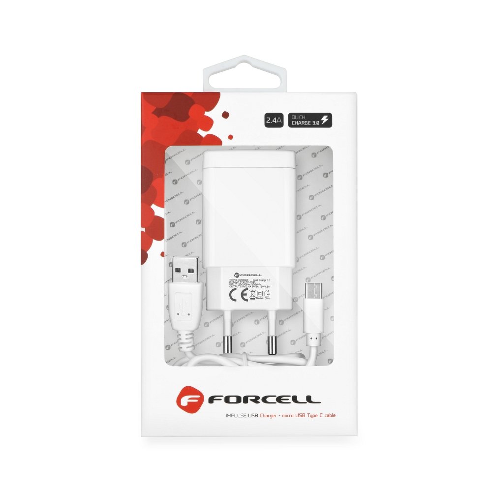 Sieťová nabíjačka Forcell 2,4A s funkciou Quick Charge 3.0 s odpájacím Type C káblom biela