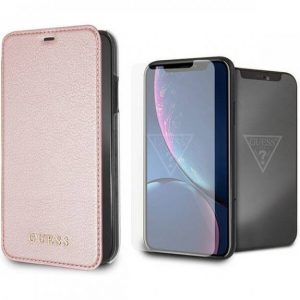 Knižkové puzdro Guess Bundle Leather s Guess ochranným tvrdeným sklom iPhone XR svetlo-ružové