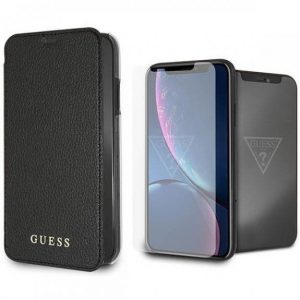 Knižkové puzdro Guess Bundle Leather s Guess ochranným tvrdeným sklom iPhone XR čierne