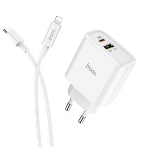 Sieťová rýchlo nabíjačka HOCO C57A 18W pre iPhone 11/11 Pro/11 Pro Max/12 Mini/12/12 Pro/12 Pro Max/SE 2020 s káblom Type C – Lightning + 1x USB biela