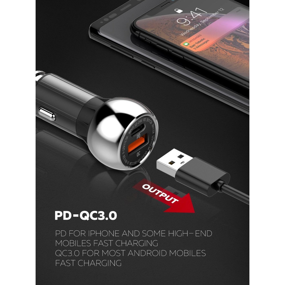 Autonabíjačka LDNIO C1 18W Type C a USB s káblom Lightning čierna – Obrázok 2