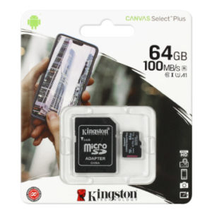 Pamäťová karta micro SDXC Kingston 64GB Canvas Select Plus 100MB/s class 10 U1/V10/A1 s adaptérom
