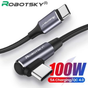 ROBOTSKY nylonový napájací kábel 60W QC 4.0 Type C - Type C 90° 0,5m čierny