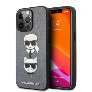 Puzdro Karl Lagerfeld Saffiano Karl & Choupette Heads KLHCP13LSAKICKCSL iPhone 13 Pro strieborné