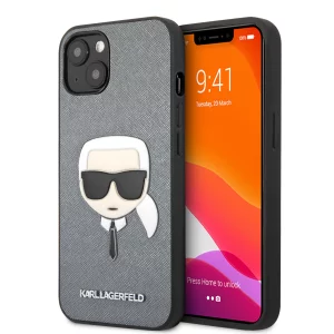 Puzdro Karl Lagerfeld Saffiano Karl Head KLHCP13MSAKHSL iPhone 13 strieborné