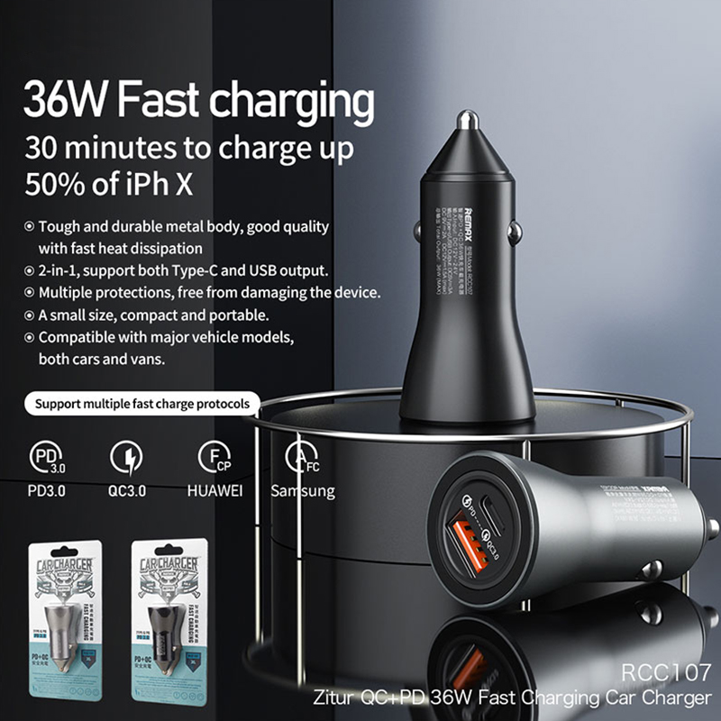 Autonabíjačka REMAX RCC107 Power Delivery + Quick Charge 36W 1x USB/1x Type C strieborná – Obrázok 2