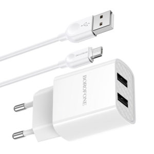 Sieťová nabíjačka Borofone BN2 Super 2x USB 2.1A s káblom micro USB biela