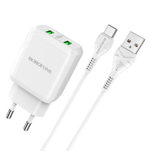 Sieťová nabíjačka Borofone DBN6 Charmer 2x USB QC 3.0 PD 18W 3A s káblom Type C biela
