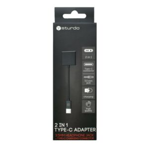 Redukcia STURDO Type C 2v1 - 3,5mm Jack a Type C port pre nabíjanie čierna