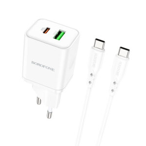 Sieťová nabíjačka Borofone BN7 Premium USB + Type C QC 3.0 PD 20W s káblom Type C – Type C biela