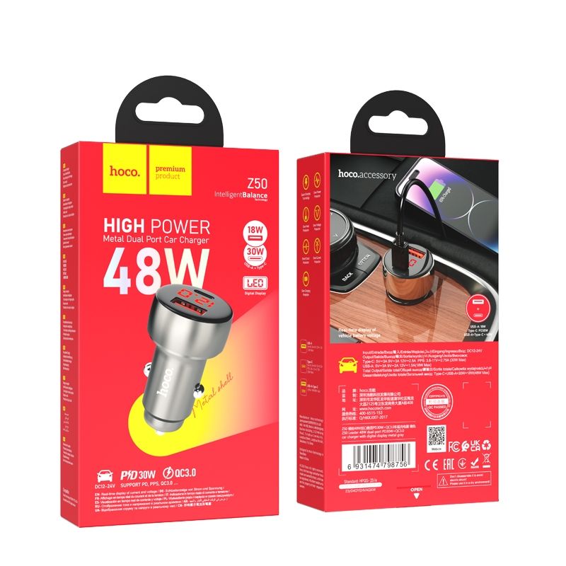 Autonabíjačka HOCO Z50 3A 48W QC 3.0 USB-A/USB-C sivá – Obrázok 4