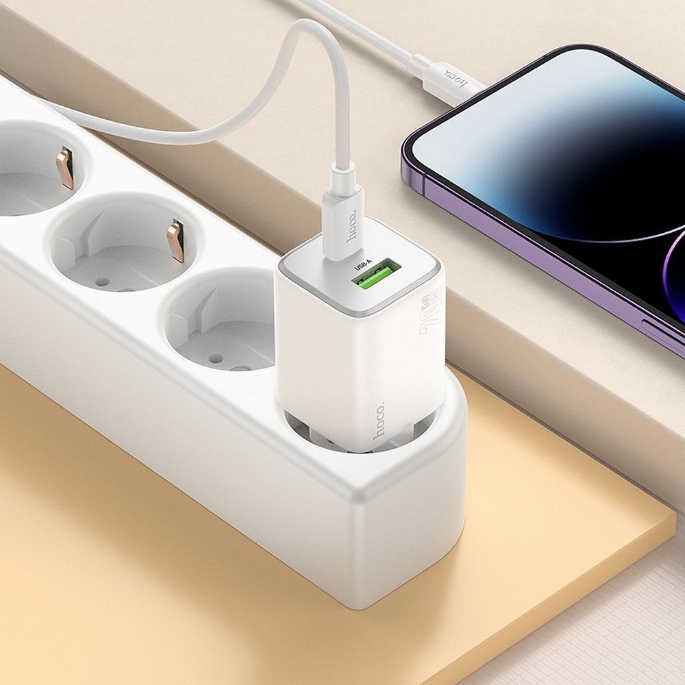 Sieťová nabíjačka HOCO N41 USB-A/USB-C 3A 20W GaNQC 3.0 s káblom Lightning biela – Obrázok 3