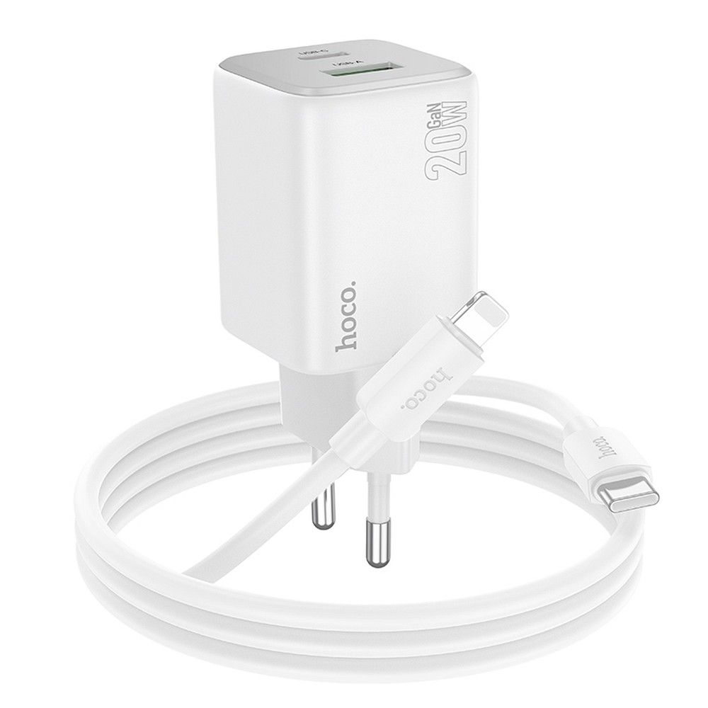 Sieťová nabíjačka HOCO N41 USB-A/USB-C 3A 20W GaNQC 3.0 s káblom Lightning biela – Obrázok 2