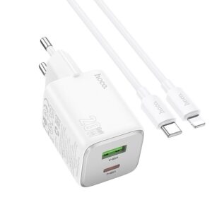 Sieťová nabíjačka HOCO N41 USB-A/USB-C 3A 20W GaNQC 3.0 s káblom Lightning biela