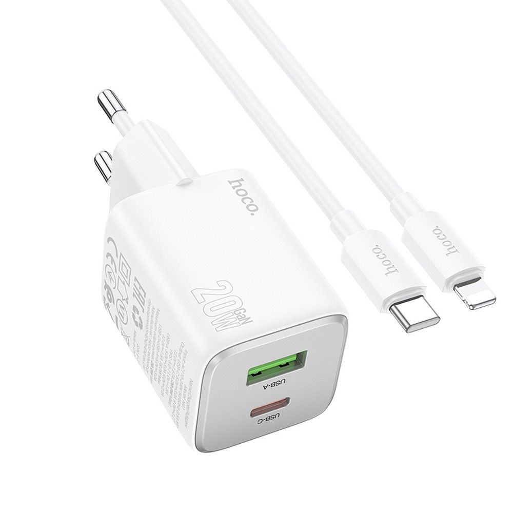 Sieťová nabíjačka HOCO N41 USB-A/USB-C 3A 20W GaNQC 3.0 s káblom Lightning biela
