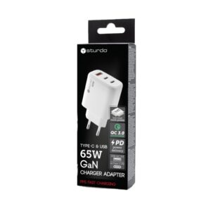 Sieťový adaptér STURDO GaN 65W USB + 2x USB-C biely