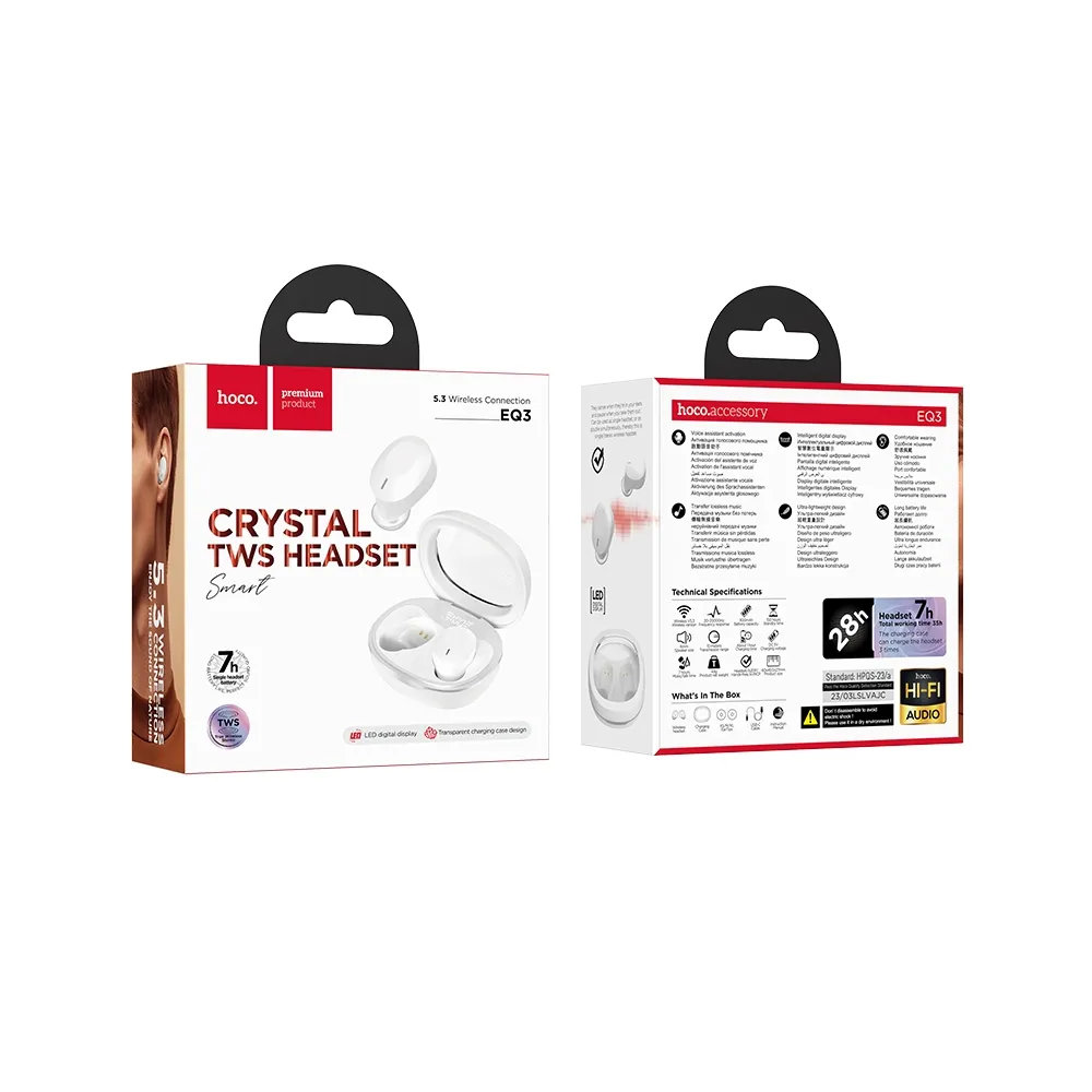 HOCO Crystal TWS EQ3 Bluetooth slúchadlá biele – Obrázok 3