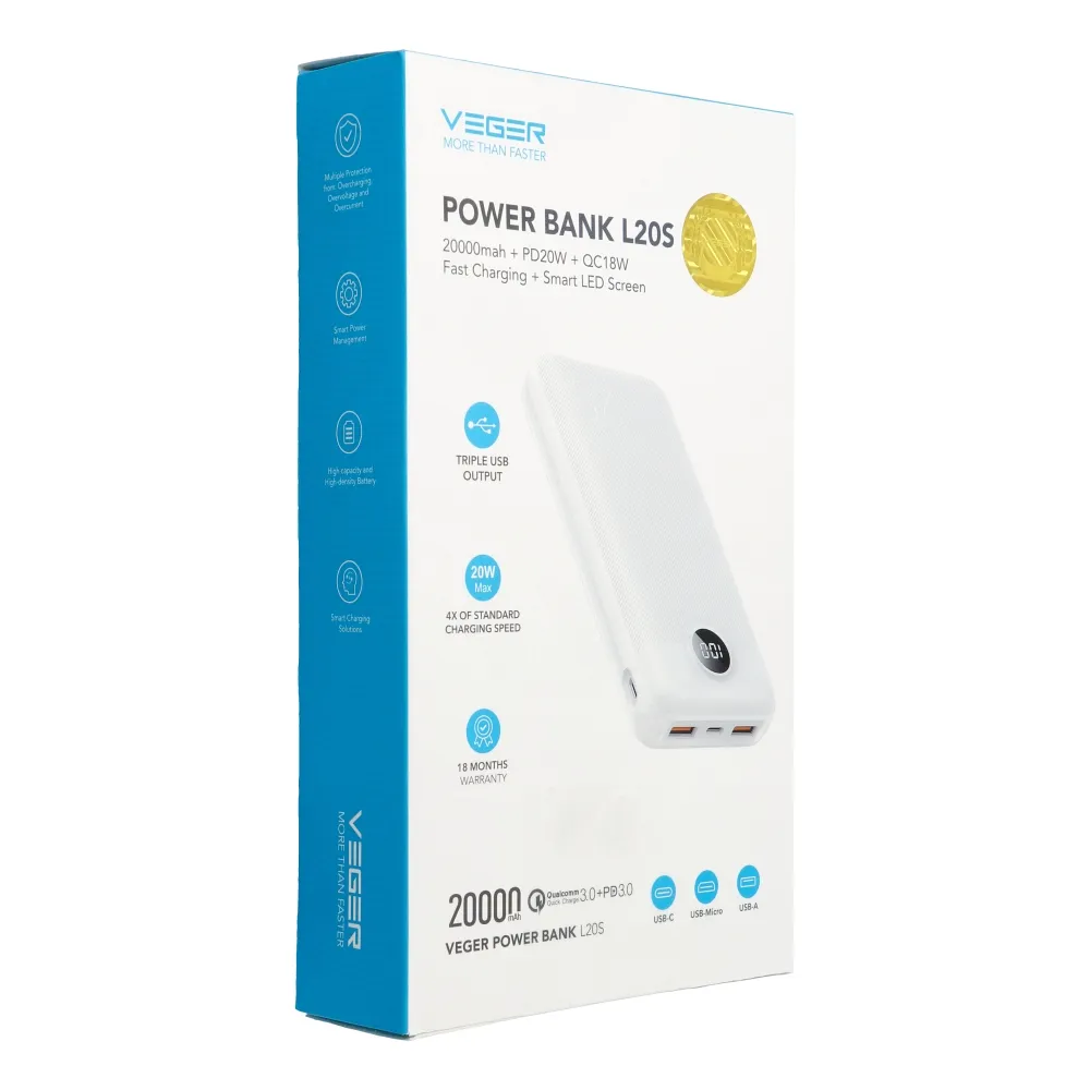 Power Bank VEGER L20S 20 000 mAh PD QC 3.0 20W biela – Obrázok 6