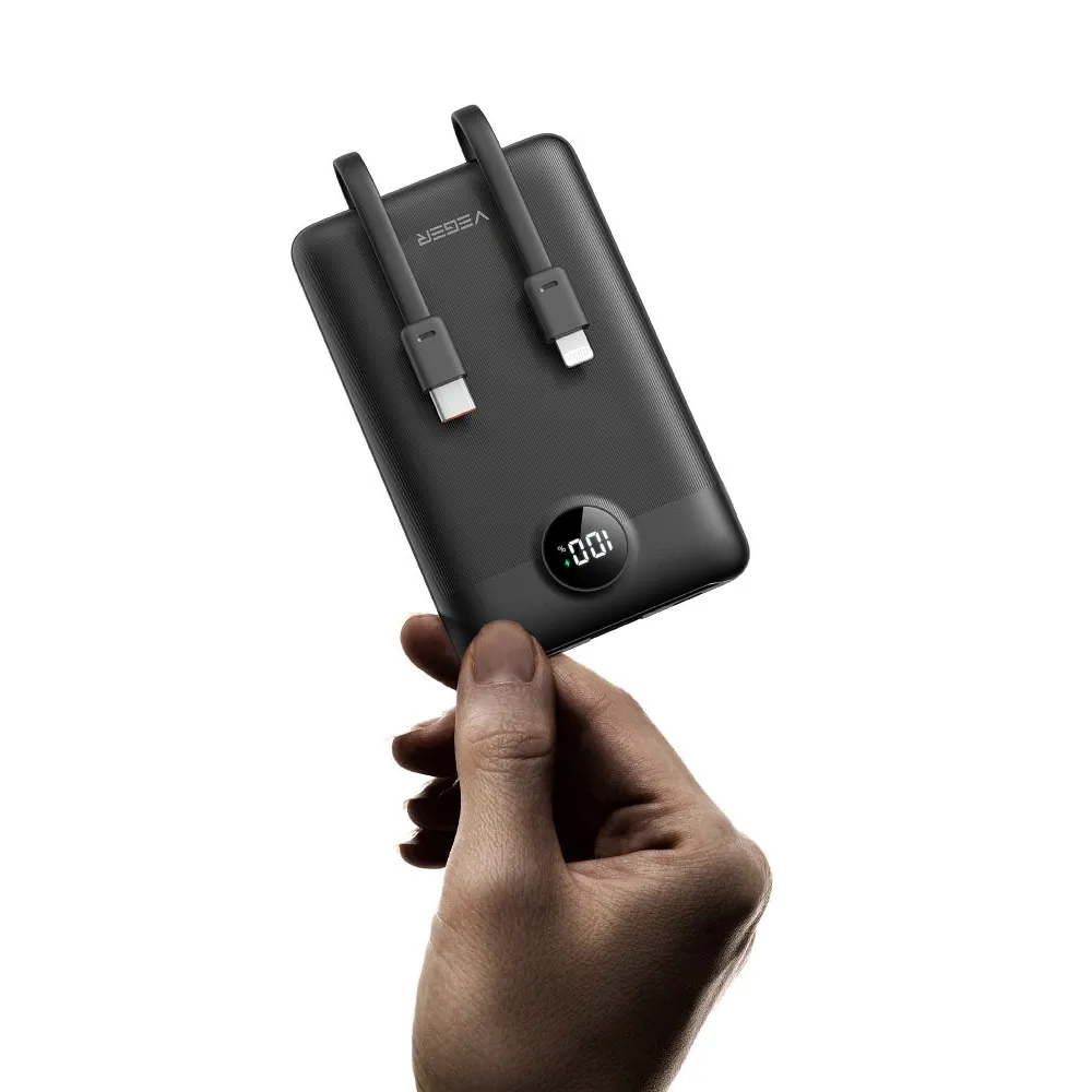 Power Bank VEGER C11 s káblom Type C + Lightning 10 000 mAh PD QC 3.0 22,5W čierna – Obrázok 3