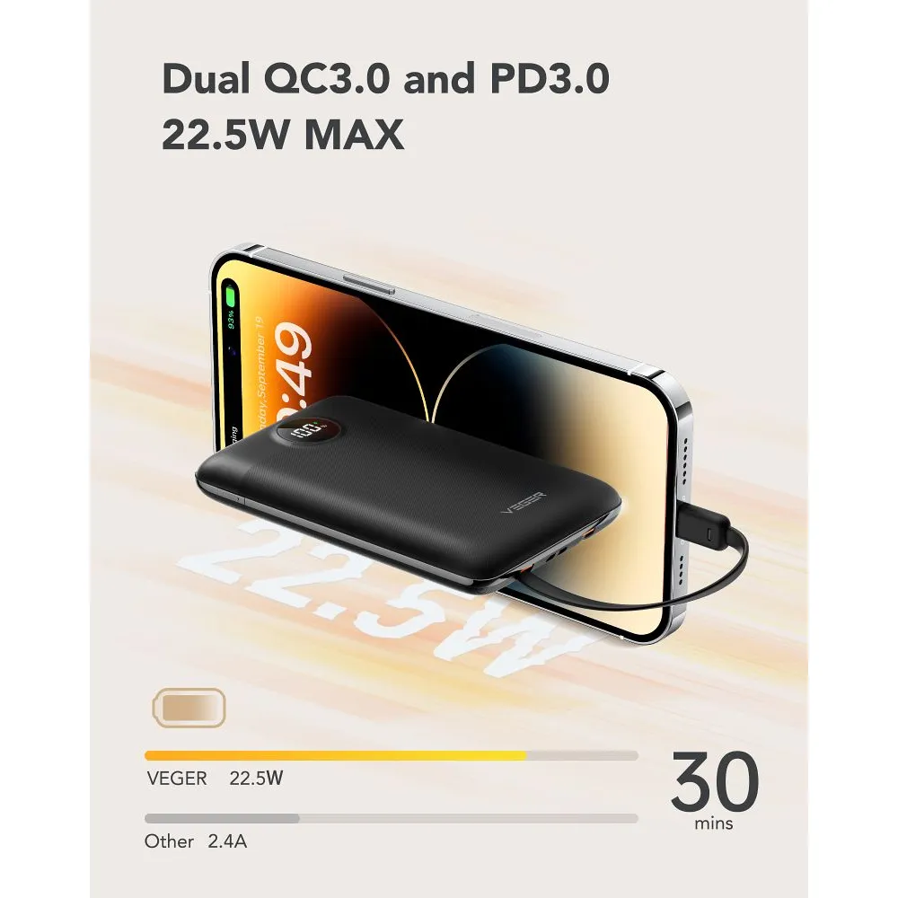 Power Bank VEGER C11 s káblom Type C + Lightning 10 000 mAh PD QC 3.0 22,5W čierna – Obrázok 4