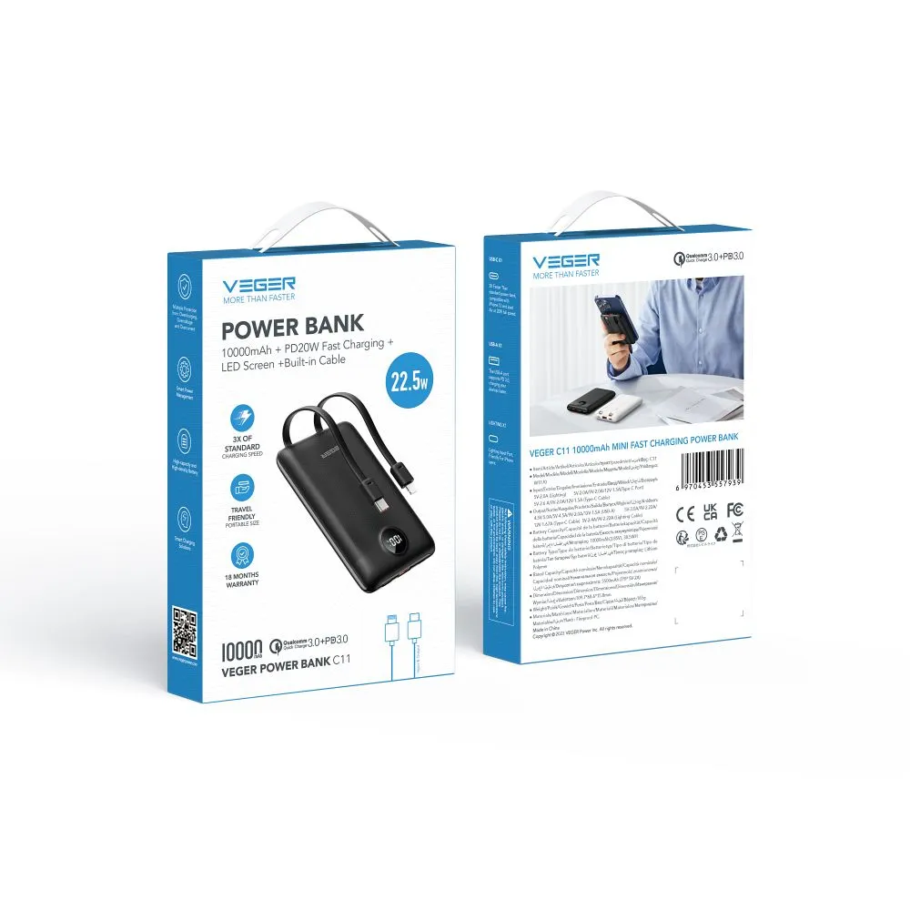 Power Bank VEGER C11 s káblom Type C + Lightning 10 000 mAh PD QC 3.0 22,5W čierna – Obrázok 7