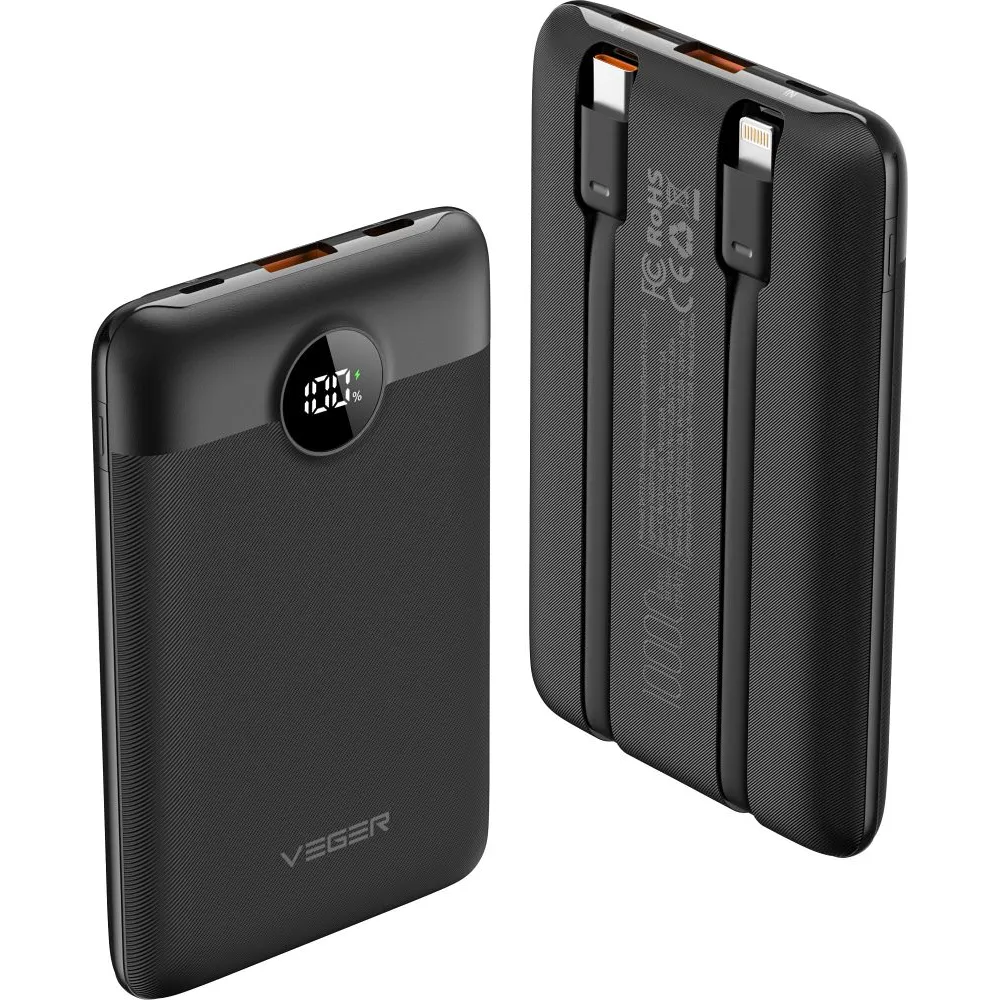 Power Bank VEGER C11 s káblom Type C + Lightning 10 000 mAh PD QC 3.0 22,5W čierna