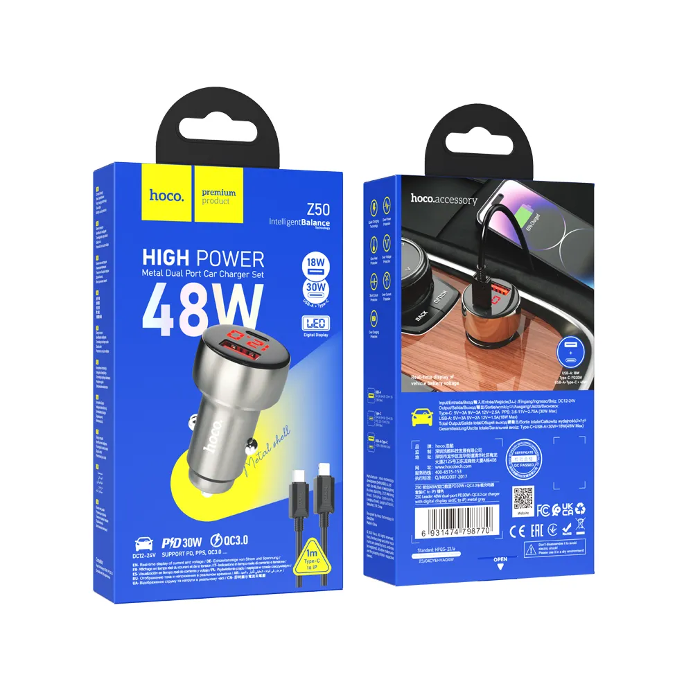 Autonabíjačka HOCO Z50 3A 48W QC 3.0 USB-A/USB-C + kábel USB-C/Lightning sivá – Obrázok 4