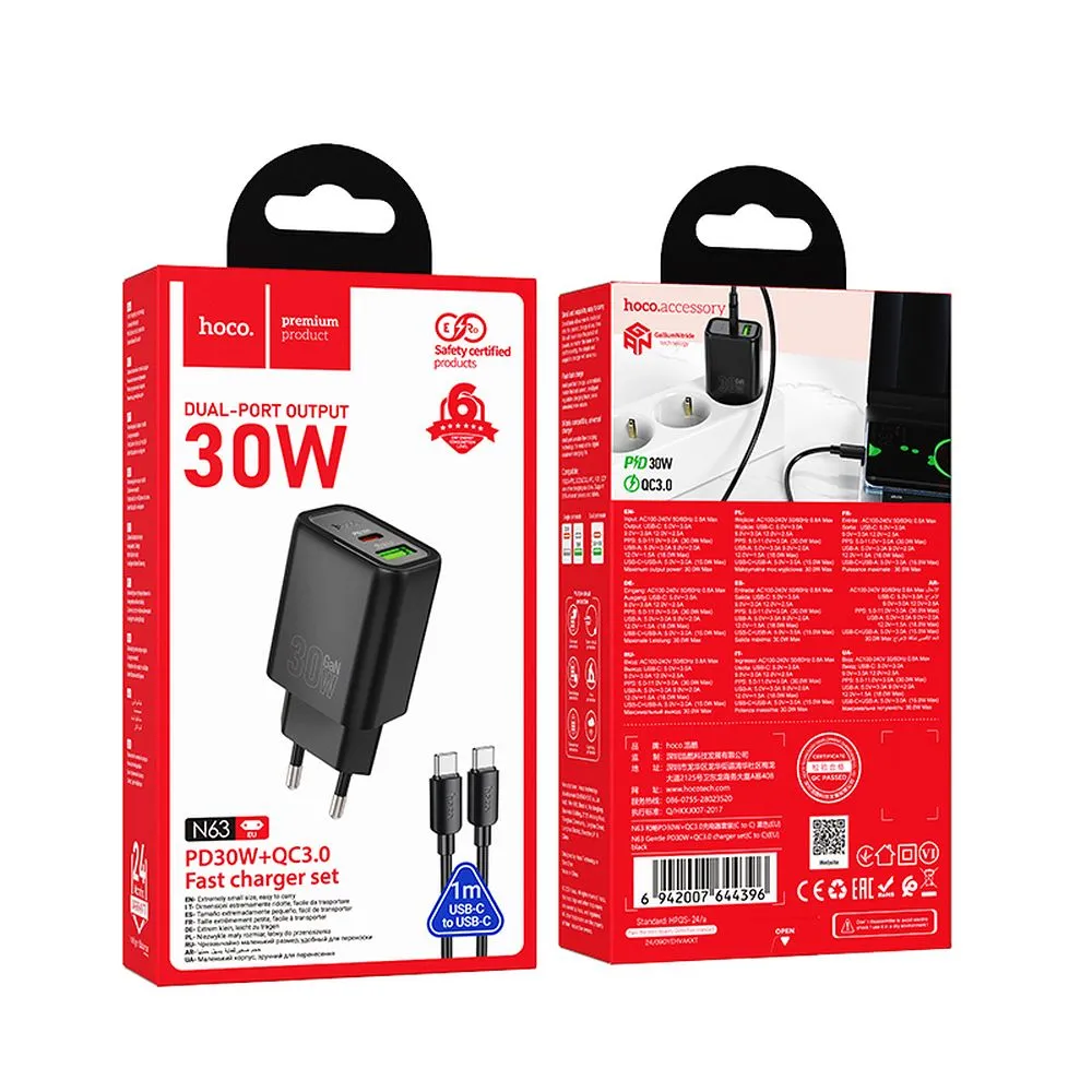 Sieťová nabíjačka HOCO N63 USB-A/USB-C 30W 3A QC 3.0 s káblom Type C čierna – Obrázok 4