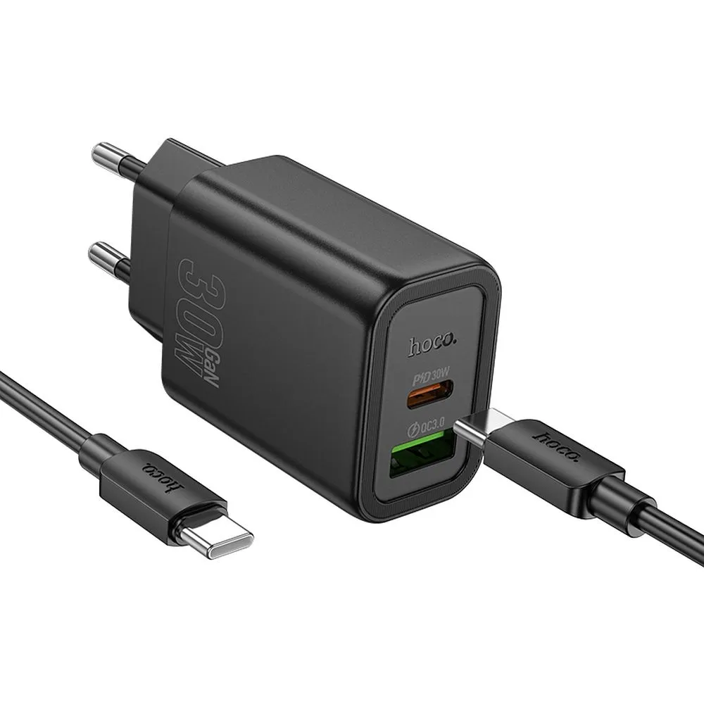 Sieťová nabíjačka HOCO N63 USB-A/USB-C 30W 3A QC 3.0 s káblom Type C čierna