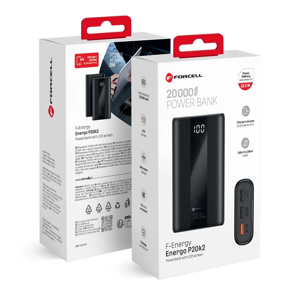 Power Bank Forcell F-ENERGY P20K2 Energo 20 000 mAh PD QC 3.0 22,5W čierna