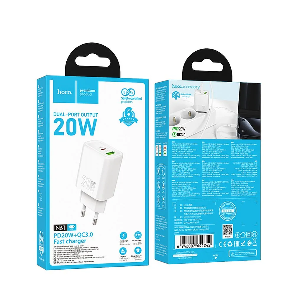 Sieťový adaptér HOCO N61 USB-A/USB-C 20W 3A QC 3.0 biely – Obrázok 2