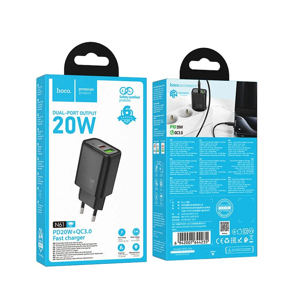 Sieťový adaptér HOCO N61 USB-A/USB-C 20W 3A QC 3.0 čierny – Obrázok 2