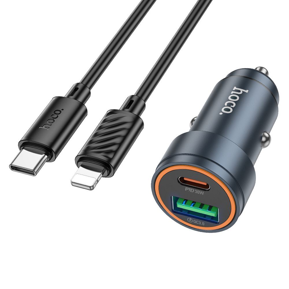 Autonabíjačka HOCO Z57A 3A 30W QC 3.0 USB-A/USB-C + kábel USB-C/Lightning čierna – Obrázok 2