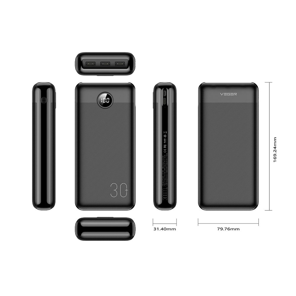 Power Bank VEGER L30 30 000 mAh PD QC 3.0 20W čierna – Obrázok 6