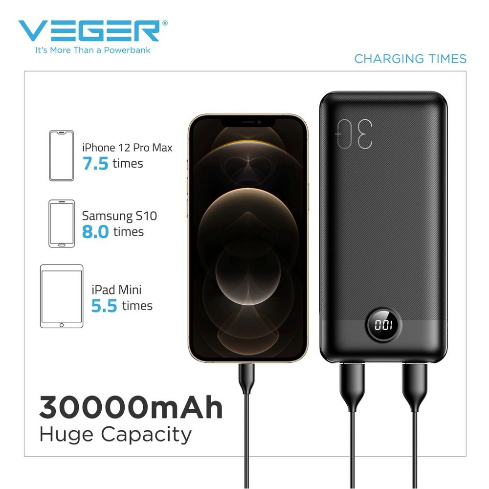 Power Bank VEGER L30 30 000 mAh PD QC 3.0 20W čierna – Obrázok 7