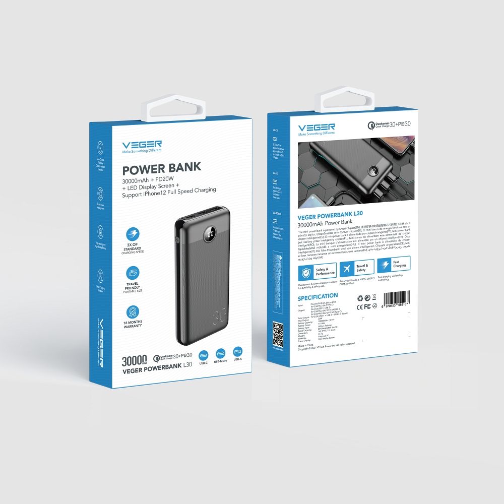 Power Bank VEGER L30 30 000 mAh PD QC 3.0 20W čierna – Obrázok 8